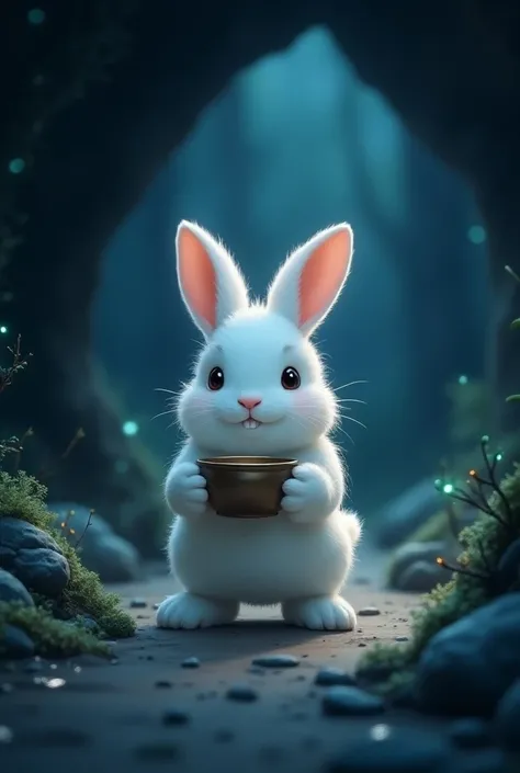 Cute white rabbit hand water bowl walking in cave night scene 