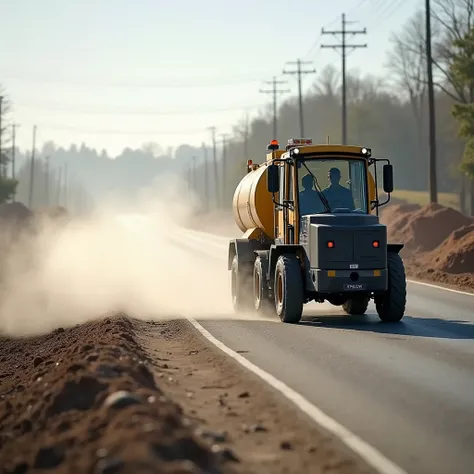 A working nebulizer ,  is shown covering the area with a fine mist that controls dust on a construction road. 
horizontal image 