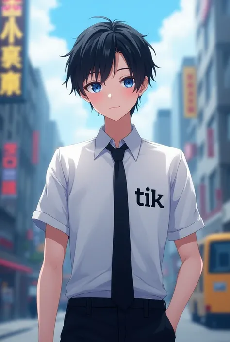 animated character, black hair, short hair, blue eyes, white shirt, black tie, black pants, city,
detailed background, with the letters TIK on the chest.