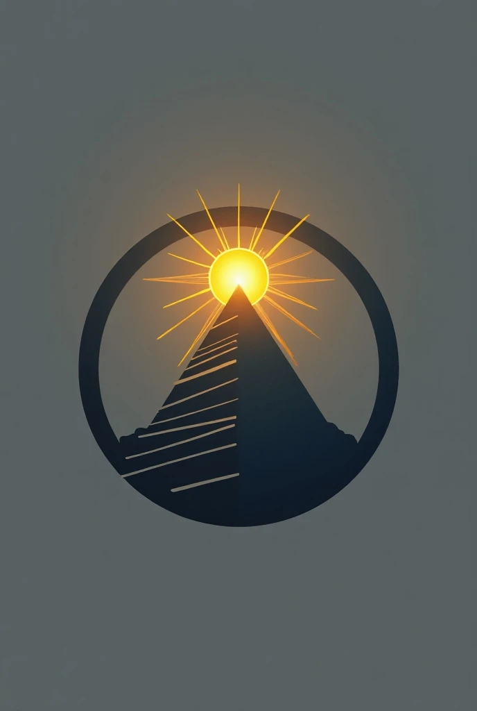 A logo with a pyramid and a sun at the tip and around a circle 