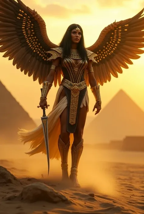  Imagine a warrior angel from Egypt ,  wearing golden armor with black and white details,  in reference to the Egyptian flag .  It rises amidst pyramids and ancient temples ,  its wings decorated with hieroglyphics and golden details , reminiscent of ancie...