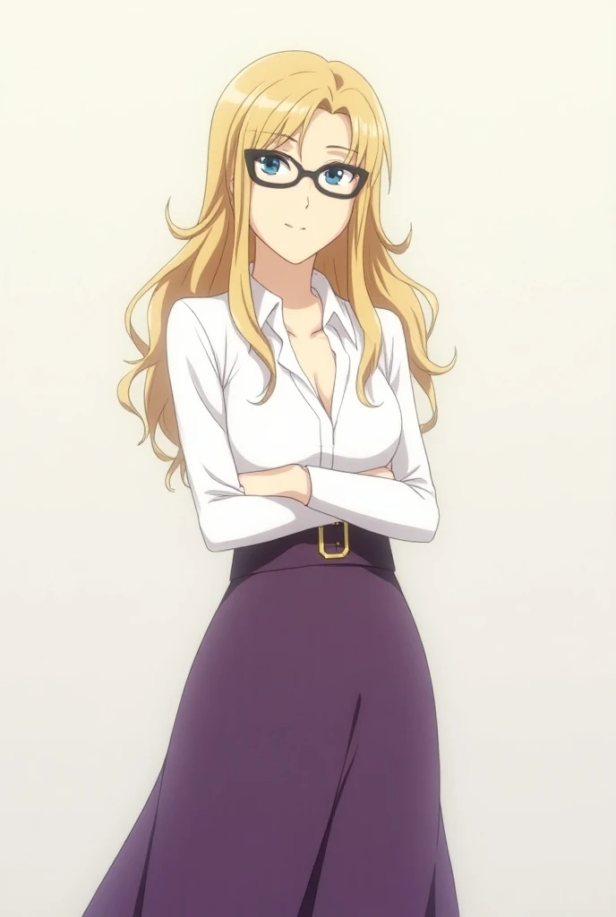  Éléonore de la Vallière character from the anime Zero no Tsukaima blonde hair, blue eyes pointed triangular glasses white blouse long skirt purple thin flat breasts sharp eyes slim face older woman proud personality long wavy hair sharp eyes 