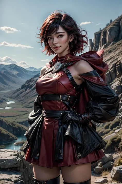 srwby, short hair, black hair, red hair, t-shirt, skirt, boots, gradient hair, grey eyes, outdoors, standing, smiling, (cowboy shot), dynamic pose, on mountain top with crowd, overlooking river running near village in a valley, intricate details, tonemappi...