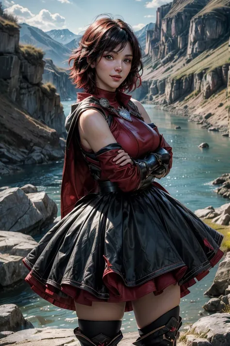 srwby, short hair, black hair, red hair, t-shirt, skirt, boots, gradient hair, grey eyes, outdoors, standing, smiling, (cowboy shot), dynamic pose, on mountain top with crowd, overlooking river running near village in a valley, intricate details, tonemappi...