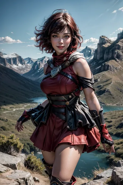 srwby, short hair, black hair, red hair, t-shirt, skirt, boots, gradient hair, grey eyes, outdoors, standing, smiling, (cowboy shot), dynamic pose, on mountain top with crowd, overlooking river running near village in a valley, intricate details, tonemappi...