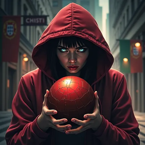 Mysterious-looking young woman ,  dressed in a red hooded sweatshirt .  It is in a dark urban setting and holds the bright and cracked world,  as if emanating power or energy .  His eyes are intense and penetrating ,  with eyes that seem to shine in a blui...