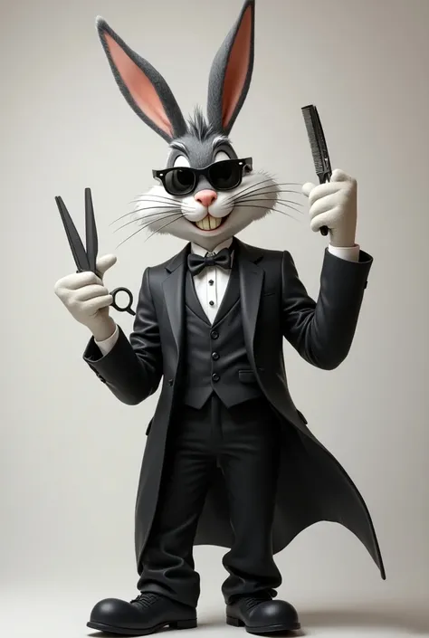 A male Bugs Bunny ,  rabbit-style rabbit in a barber suit and black  (too much flow , Facha and style)  rabbit-style lenses with his arms forming an axis in one hand a scissor and in the other a comb with a head at 45 degrees facing to the left