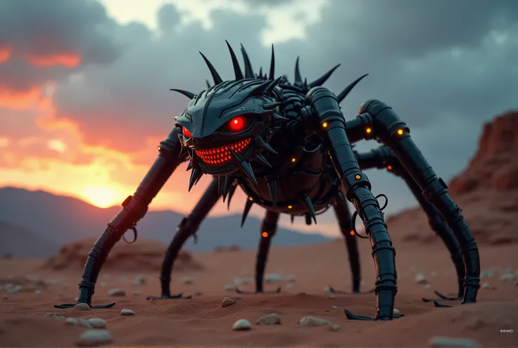 Captured at eye-level on a low-angle perspective, a medium-angle shot captures a beast drone with teeth adorned with red and blue headlights. The creatures body is adorned with black metal pipes, and its head is encircled by a series of long, curved arms a...