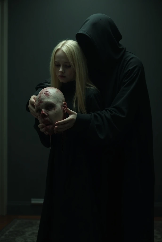 A dark, eerie room where a young womans severed  head rests in the hands by another blonde young woman who is wearing a long black oversized sack