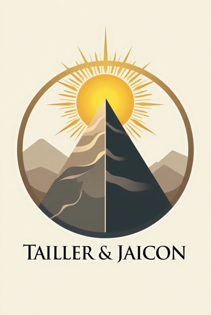 A logo with a pyramid and a bright sun at the tip and around a circle with the title TALLER JAICON below in gray and gold colors