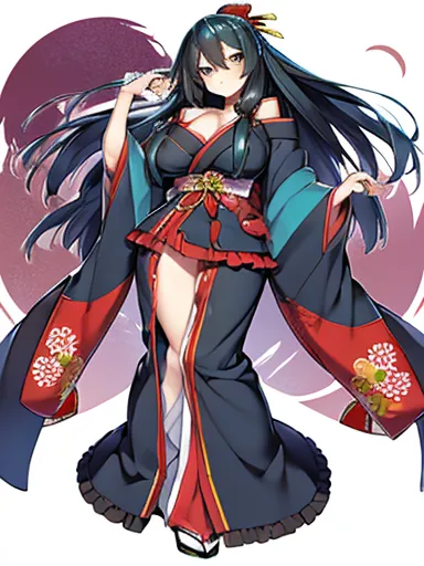 tyo  ,arifureta, sexy semi-human ,  with huge big round tits ,  nsfw,   long black hair , kimono,   fan and slender body wide hi...