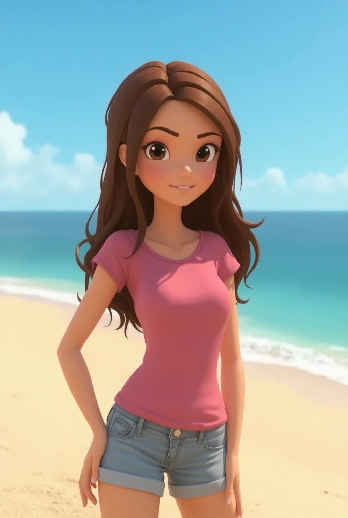 Cleo from h2o a brown haired girl in pink shirt and jeans on a beach 