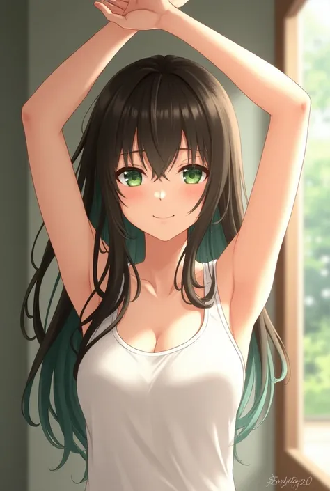 woman、Age: 20、 The length of the hair is up to the shoulders、The color of the hair is dark brown 、Hair highlights are green 、 My bangs are long enough to fit my eyes 、 hair is fluffy 、Droopy eyes、Eye color is green、smile、White sleeveless top、Wearing white ...