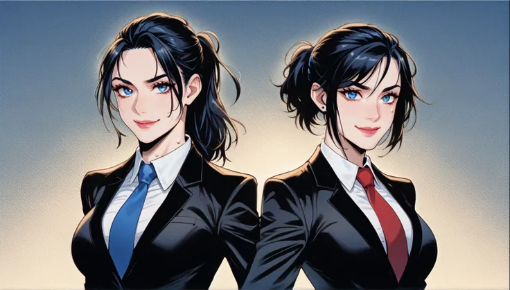 Arthur Adams-style portrait of athletic twin sisters standing side by side. Both wear black suits with high detail. The sister on the left has long black hair in a ponytail, cold blue eyes, a serious expression, and a blue tie. The sister on the right has ...