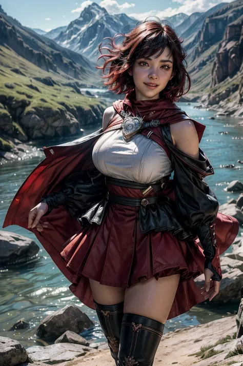 srwby, short hair, black hair, red hair, t-shirt, skirt, boots, gradient hair, grey eyes, outdoors, walking, smiling, (cowboy shot), dynamic pose, on mountain top with crowd, overlooking river running near village in a valley, intricate details, tonemappin...