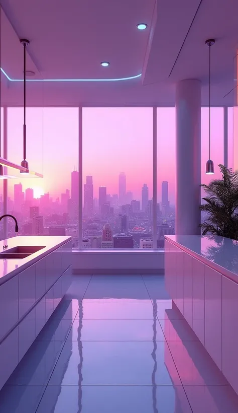 dreamy, luxurious kitchen with white satin metallic glossy furniture at twilight with a view overlooking of vice city sky. gradient of purple and pink sky, enhancing the magical, serene atmosphere. 1989 retro, retrowave,