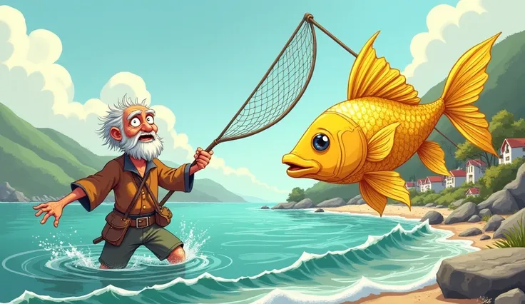 Cartoon 2d,the poor old man throw the net in the sea  ,a big gold and sparkling fish get stuck in net,