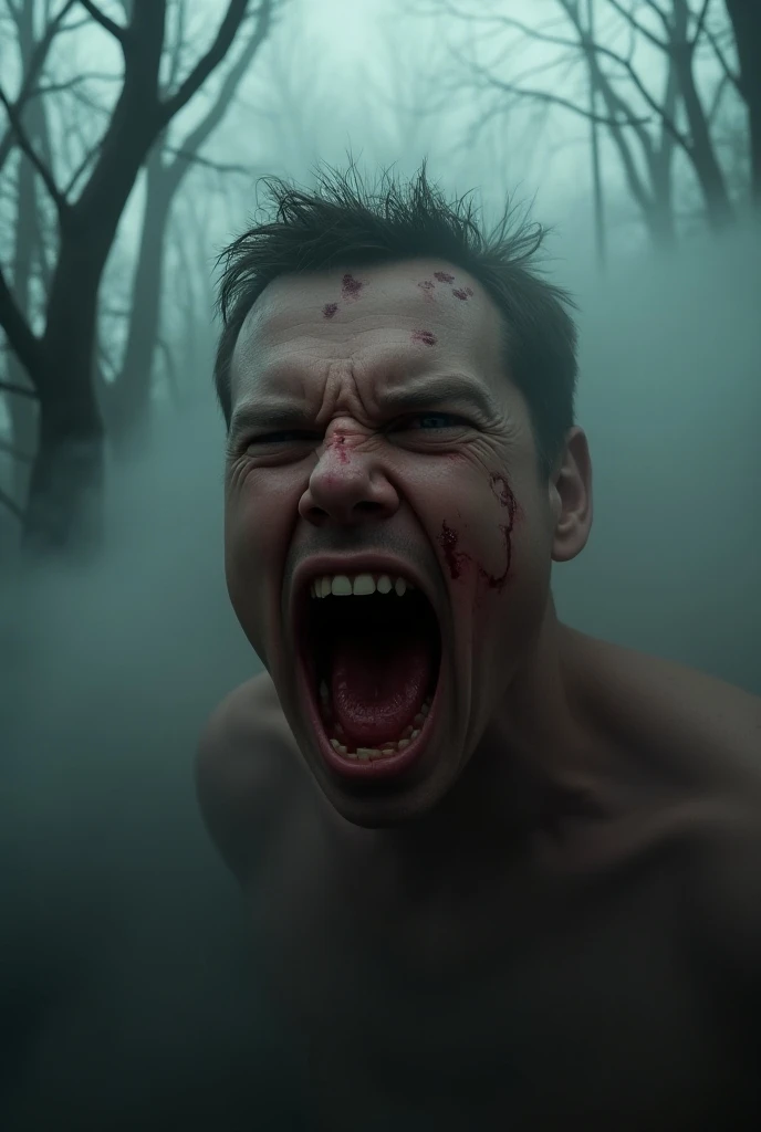 close up of a man screaming in a blood mist in the morning foggy forest, highest definition, highest detail, highest quality 