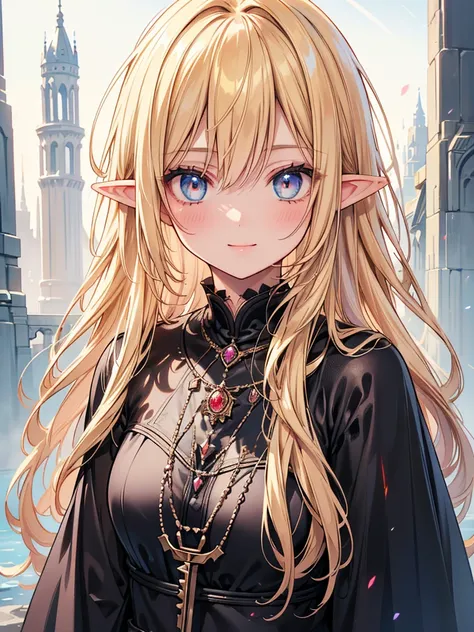 1girl, (Portrait of a beautiful Elf, dark fantasy), great wizard, detailed beautiful face, (finely detailed beautiful eyes), (blush:1.2, smile), (long straight hair, shiny blonde hair, bangs), elegant, gorgeous, stunning, 
elegant magic robe, light and win...