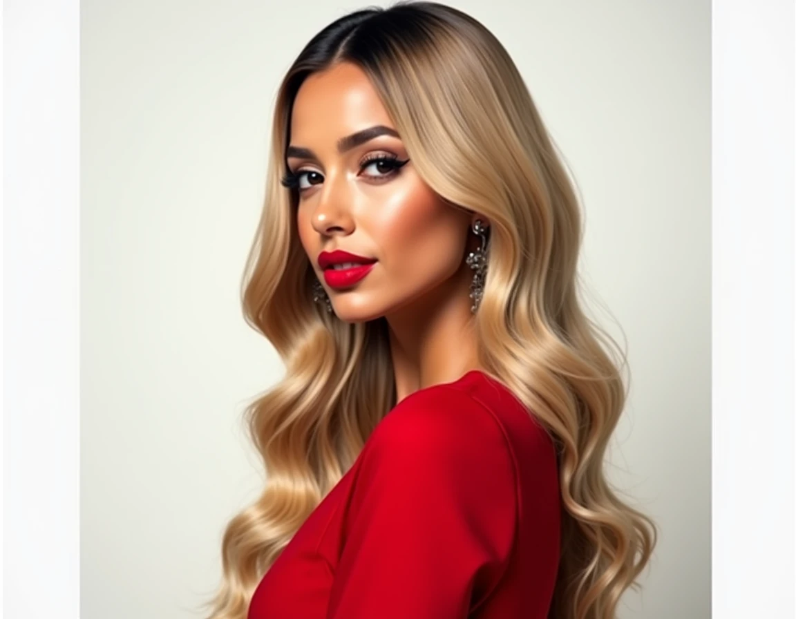 beautiful woman with Latin features, brown eyes and light brown skin with long, beautiful, hydrated, not malty, shiny, abundant and dyed medium blonde hair posing sideways to show her hair. The white background. She has a pretty red sleeved blouse and red ...