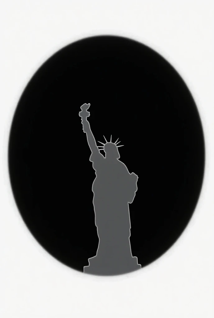 Create a circular black 2d logo in the background with the simple white silhouettes of the Statue of Liberty , The lines should be very simple and the logo is minimalist  