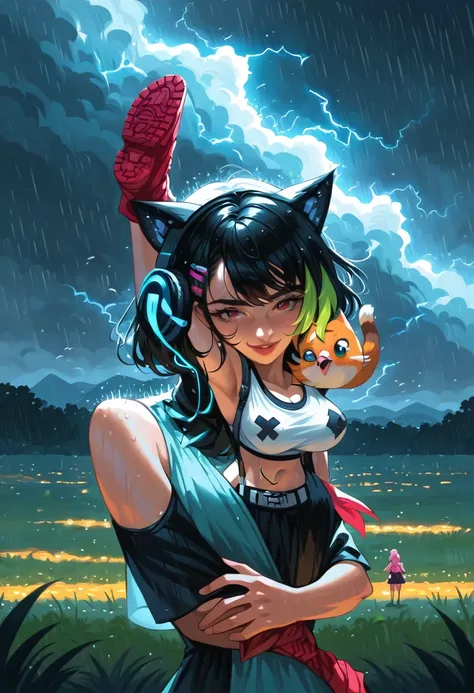 {MAIN}: (masterpiece), best quality, expressive eyes, perfect face, girl, outdoor, rain, night, light, field, wind, smile, dress, upper body, Lightning, thunder,Heavy rain, torrential rain,
(SEMENTINHA)l gamer girl, cat headphones, rainbow, black hair and ...