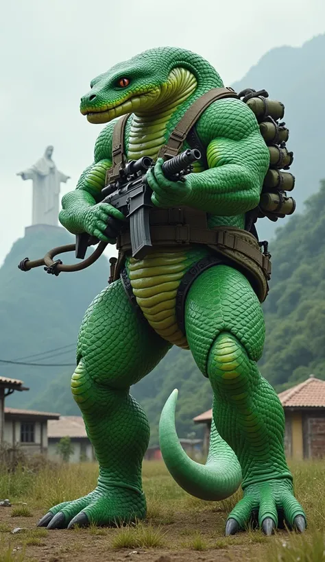  Green Python Gladiator-Snake Hybrid :  This giant hybrid , Also 15 meters ,  has bright green scales and holds the rifle as if it were in a shooting position.  The tactical vest is filled with grenades ,  and the houses on the hill in the background ,  wi...