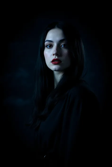 "In a single frame, a woman with pale skin and dramatic red lips stands out against a backdrop of complete darkness, pierced only by distant lightning. She wears a long black robe, her face the only visible feature, etched with a sadness that speaks volume...