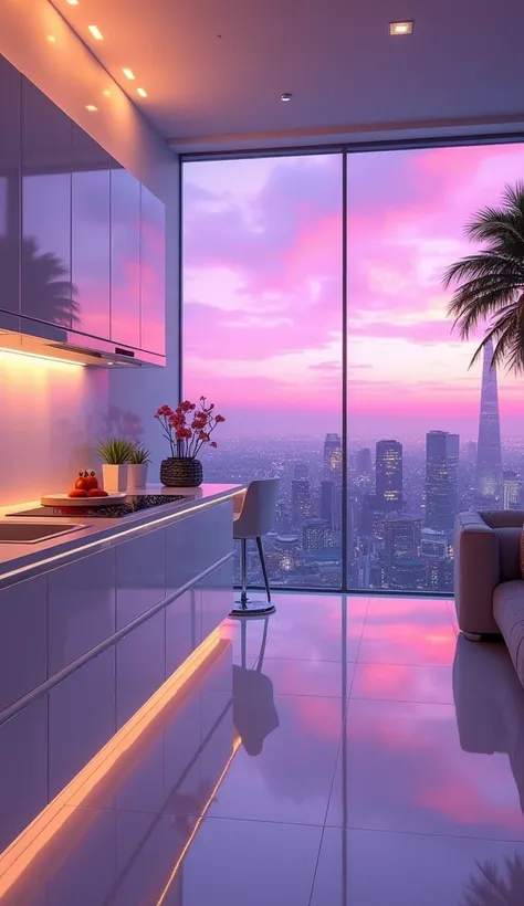 dreamy, luxurious kitchen with white satin metallic glossy furniture at twilight with a view overlooking of vice city sky. gradient of purple and pink sunset, enhancing the magical, serene atmosphere. 1989 retro, retrowave,