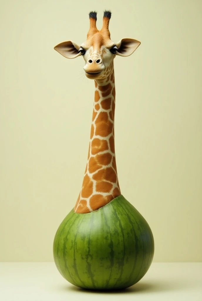 Create a hybrid where a giraffe’s long neck gradually turns into the smooth, round shape of a melon. The giraffe’s fur becomes the skin of the melon, with its spots blending into the green rind. The animals head emerges from the melon, with the top of the ...