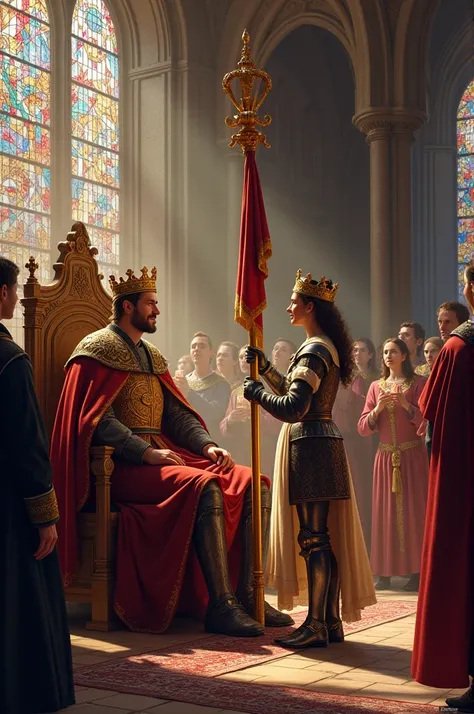 "Create a majestic scene depicting the coronation of Charles VII in the cathedral of Reims. The atmosphere is filled with a sense of reverence and celebration. Charles VII is seated on a grand throne, wearing a richly adorned crown and royal robes, looking...