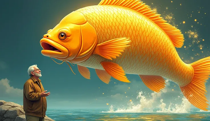 Cartoon 2d,the big gold and sparkling fish shines its eyes and a lot of gold and silver comes in front of the old man