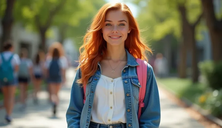 19 year old Australian girl, with a white blouse, blue eyes, wearing a denim jacket, wavy red hair, jeans. 19 year old girl at school wearing a pink backpack. Canon EOS R with 35mm f/ 1.8 lens, f/ 2.2 aperture, shutter speed 1/200s, ISO 100 and natural lig...