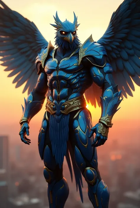 ( anthropomorphic ) , Create an image of a character inspired by a blue macaw , strong and muscular,  thick legs with features such as sharp , sharp eyes,  armor similar to blue macaw feathers that is elegant and aerodynamic, and wings extending from his b...