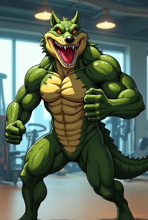 Make a gym Bro anthropomorphic furry wolf wearing a full one piece crocodile onesie-like suit,the furrys muscular body is fully hidden inside the costume except for his face sticking out of the crocodiles mouth,the furry is doing exercise showing off his m...