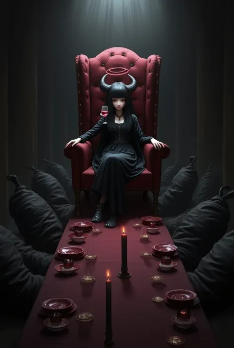 throne room,  long dining table ,  the table is located directly in front of the camera , a table with plates and candles ,  on the sides of the table s ,  s wrapped in black cadaver bags.  At the end of the table, a girl is sitting on a throne ,  the girl...