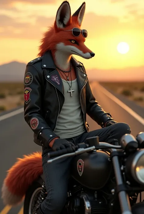 A hyper-realistic portrayal of a humanoid fox with sleek red and white fur, dressed in biker attire, leaning against a vintage motorcycle in a sunset-lit desert highway. His face is detailed with a sly, confident expression, his sharp amber eyes squinting ...