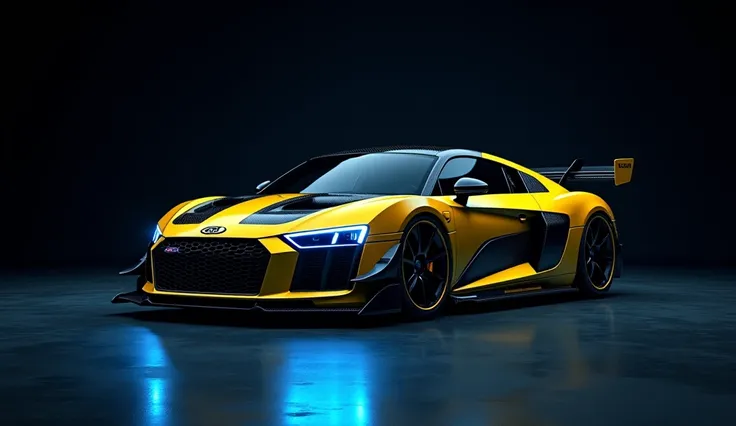 A black background yellow and black Ford audi r8 light on headlight colour is blue neon 