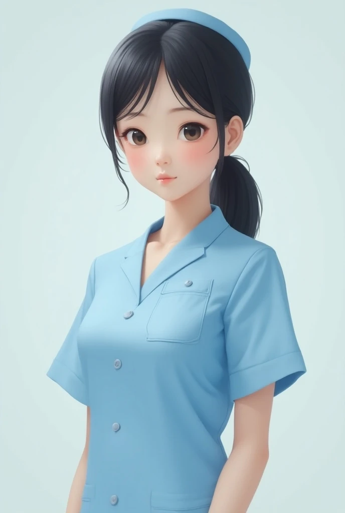  Young cute girl in Kranenhausuniform (Kasack) In light blue  ( small breasts ) very slim body, image realistic