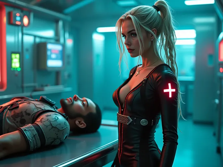 hyperrealistic,  detailed full body photo in cyberpunk setting , (Anya taylor joy):1.9 as a self-confident nurse next to an examination table,  high-tech stainless steel examination table in a neon-lit medical laboratory .  The nurse has platinum blonde ha...