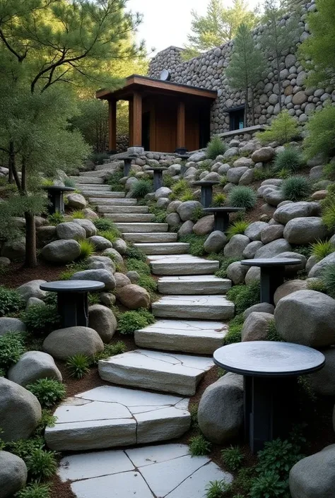 A garden structured in ascending terraces with stone walls. Hardy plants and succulents grow between rocks. Ancient stone stairs zigzag up to a viewing platform. Dark stone elements such as benches and sculptures punctuate the space. A water clock silently...