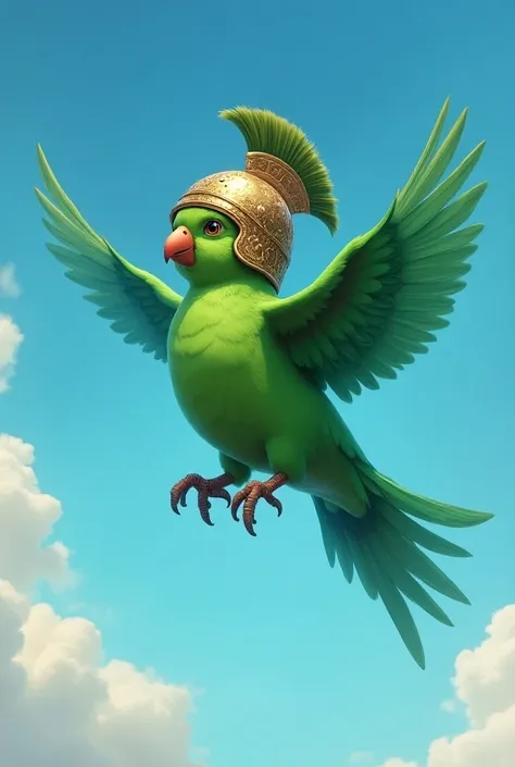 Flying green parrot with Roman helmet