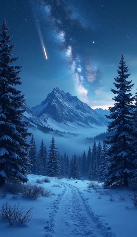 A breathtaking winter landscape under a deep blue, star-filled night sky. The Milky Way stretches prominently across the sky, casting a mystical light over the scene. Two shooting stars can be seen streaking across the heavens. Below, snow-covered pine tre...