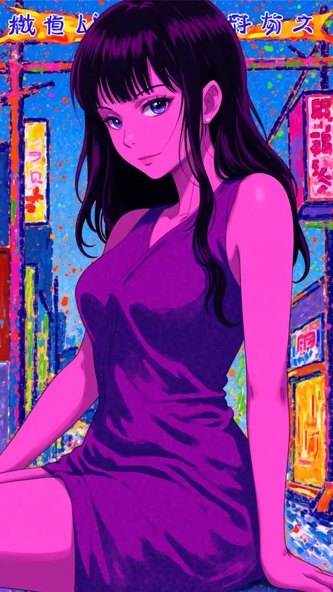 japanese expressionist artwork, 1 sexy slender girl, dress, long hair, neon color palette, 