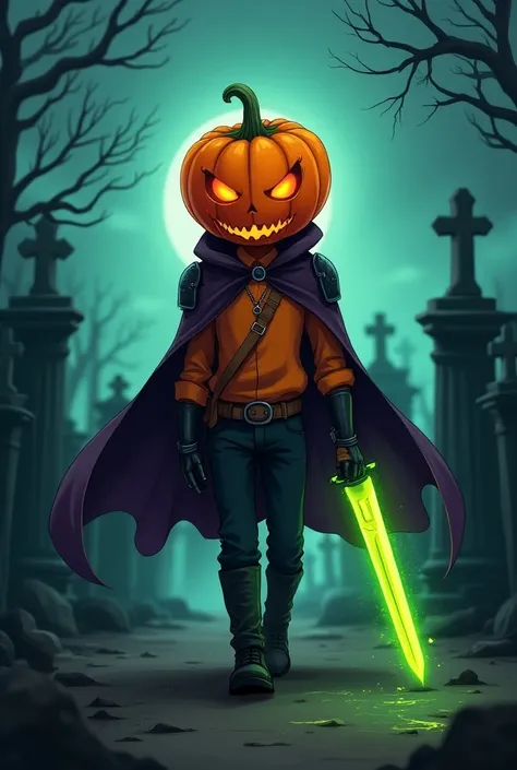 A young boy walking in a cemetery with a pumpkin head for Halloween , anti hero, his clothes are black and orange and he has a dark purple cape with iron shoulder pads,ANIME STYLE,cartoon, holding a sword with a black aura,neon green shadow ,terror