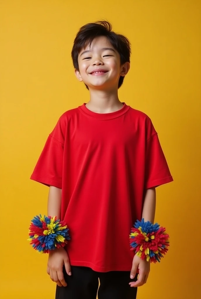 A boy who wears a red t-shirt ,  black pants ,  and cheerleading style pompoms on his wrists in many colors, The shirt is loose and with  