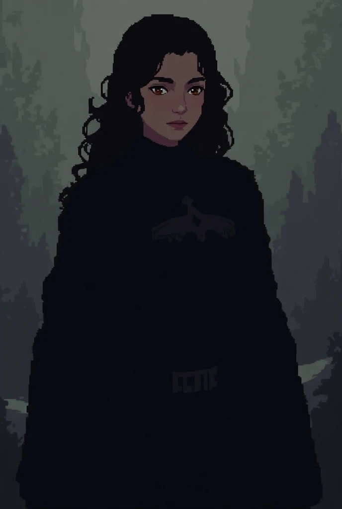 a woman, dark brown wavy hair, round face, plump cheeks, brown eyes, soldier, high elf, dark fantasy, rpg game, pixel art, silhouette from the waist up