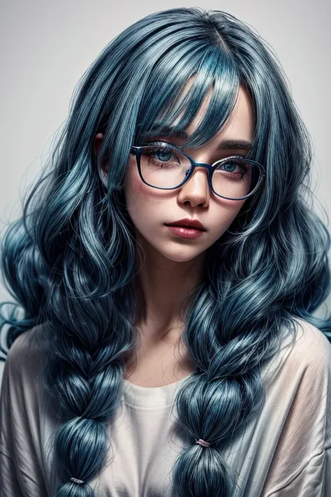 a woman with blue hair and glasses wearing a white shirt, pretty girl with blue hair, with blue hair, girl with blue hair, beautiful woman with blue hair,  light blue hair , very long wavy azure hair ,  wavy long black hair and glasses ,  glasses with blue...