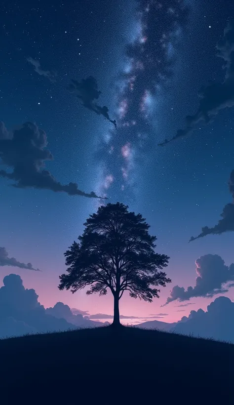 A solitary tree standing on a hill silhouetted against a breathtaking night sky. The sky is filled with countless stars, creating a dazzling display of cosmic wonder. Subtle shades of twilight hues blend at the horizon, transitioning from deep blues to gen...