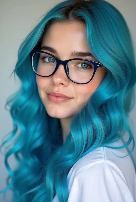 a woman with blue hair and glasses wearing a white shirt, pretty girl with blue hair, with blue hair, girl with blue hair, beautiful woman with blue hair,  light blue hair , very long wavy azure hair ,  wavy long black hair and glasses ,  glasses with blue...